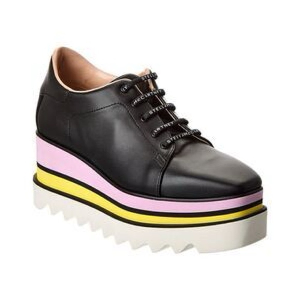 Stella McCartney Black Leather Platform Sneakers with Pink and Yellow Stripes